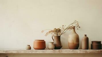 Generative AI, crafted pottery, still life of hand made pottery and ceramic bowls, hobby and leisure concept photo