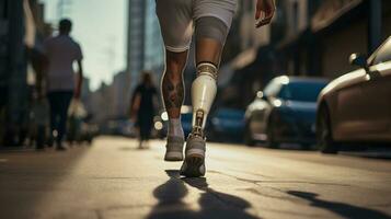 Generative AI, person with disability, prosthetic limb running and does not feel obstacles, photo