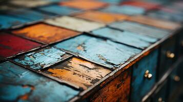 Generative AI, old dresser wooden texture. Blue, turquoise, yellow and orange colors. Vintage grunge background photo