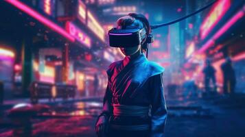 generativo ai, hermosa asiático persona en samurai traje en vr lentes en neón espacio calle, virtual realidad auriculares en ciberespacio foto