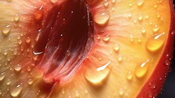 Generative AI, bright slice of juicy ripe peach and water drops, macro of summer fruit photo