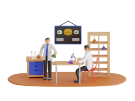 3d illustration of group of scientists working at the laboratory. scientist team working together researchers in uniform making chemical experiments in laboratory png