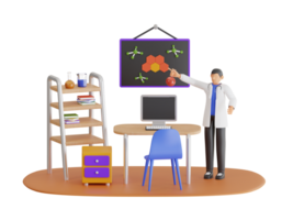 3d illustration of scientist conducting experiments. Doctor doing medical research in lab.  Chemical laboratory substance development. png