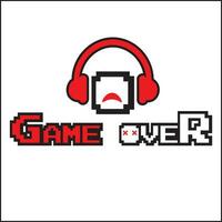 game over illustration design vector with pixel style and character wearing headphones. suitable for logos, icons, posters, t-shirt designs, stickers, companies, concepts, advertisements, websites.