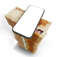 3D rendering of mobile phone with blank screen on top of stacks of South African Rand notes arranged in a long single column png