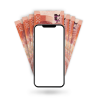 3d Illustration of South African Rand notes behind mobile phone png