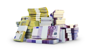 stackar av euro anteckningar. en massa av pengar isolerat på transparent bakgrund. 3d tolkning av buntar av kontanter png