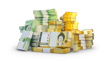 Stacks of South Korean won notes. A lot of money isolated on transparent background. 3d rendering of bundles of cash png