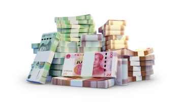 Stacks of Chinese Yuan notes. A lot of money isolated on transparent background. 3d rendering of bundles of cash png