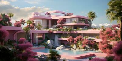 Generative AI, futuristic luxury pink house surrounded by lush greenery photo