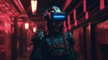 Generative AI, beautiful asian person in samurai suit in VR glasses in neon space street, virtual reality headset in cyberspace photo