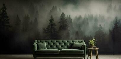 Generative AI, Interior design with couch, sofa and wallpaper of fir forest beautiful landscape in hipster vintage retro style, foggy mountains and trees. photo