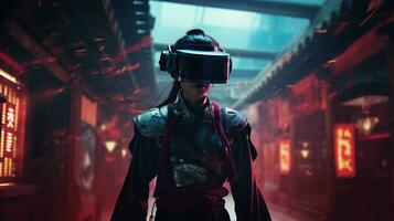 Generative AI, beautiful asian person in samurai suit in VR glasses in neon space street, virtual reality headset in cyberspace photo