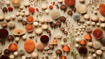 Generative AI, Fresh different mushrooms, autumn harvest, aesthetic muted neutral colors photo