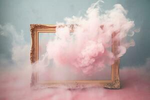 Generative AI, pastel light smoke around empty vintage beautiful frame. photo