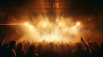 Generative AI, People crowd on music rock festival concert in stadium, big stage lit by spotlights. photo