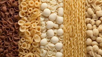 Generative AI, Variety of types, colors and shapes of Italian pasta, texture background photo