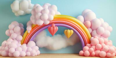 generativo ai, arco iris y vistoso globos cumpleaños fiesta 3d antecedentes. Bosquejo, modelo para saludo tarjeta foto