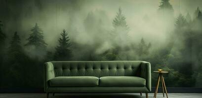 Generative AI, Interior design with couch, sofa and wallpaper of fir forest beautiful landscape in hipster vintage retro style, foggy mountains and trees. photo