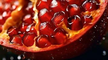 Generative AI, Macro Fresh Juicy half of pomegranate fruit with drops of water background. Closeup photo