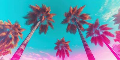 Generative AI, retro california coconut palms. Hawaii palm trees at sunset. Summer background photo