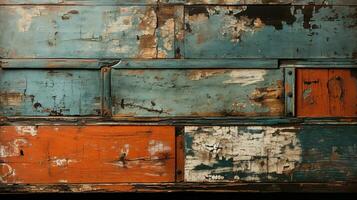 Generative AI, old dresser wooden texture. Blue, turquoise, yellow and orange colors. Vintage grunge background photo