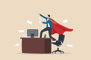 Effective work, productive office effort or efficiency, motivation to finish task or accomplishment, solution idea, performance or challenge concept, businessman superhero finish work on office desk. vector