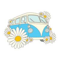 Retro hand drawn camper with daisy flowers around. Outline vector groovy illustration.