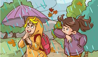 Illustration of a cute little Girls Having a Rainy Day vector