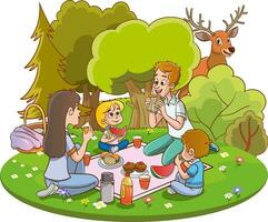 Family picnicking in the park. Vector clip art illustration.