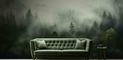 Generative AI, Interior design with couch, sofa and wallpaper of fir forest beautiful landscape in hipster vintage retro style, foggy mountains and trees. photo