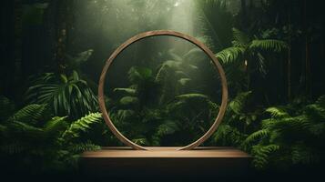 Generative AI, Empty circle wooden frame and tropical leaves on jungle background. For product display. photo