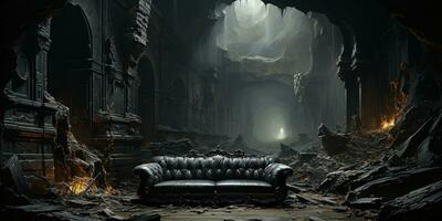 Generative AI, gothic ruined black interior and landscape  in the style of gloomy fantasy photo