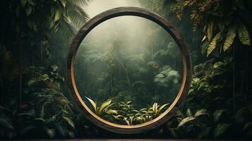 Generative AI, Empty circle wooden frame and tropical leaves on jungle background. For product display. photo