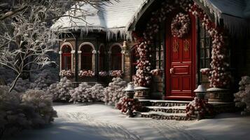 Generative AI, Front door with Christmas decoration, wreath and garland. Red and grey colors photo