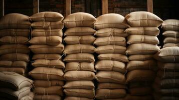 Generative AI, Stack hemp sacks of rice or coffee, industrial storage photo