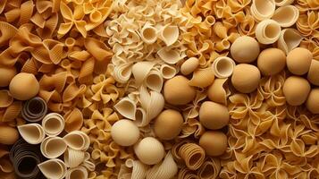 Generative AI, Variety of types, colors and shapes of Italian pasta, texture background photo