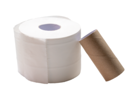 Single roll of white tissue paper or napkin with core prepared for use in toilet or restroom isolated with clipping path in png file format