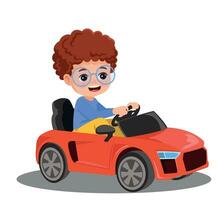 Cute boy driving a toy electric car vector cartoon illustration isolated on white background