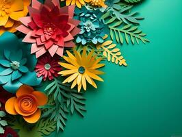 Top view of colorful paper cut flowers with green leaves on green background with copy space. Generative AI Image. photo