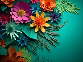 Top view of colorful paper cut flowers with green leaves on green background with copy space. Generative AI Image. photo