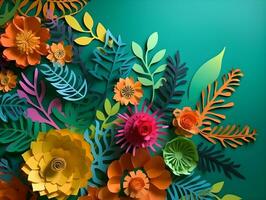 Top view of colorful paper cut flowers with green leaves on green background with copy space. Generative AI Image. photo