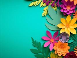 Top view of colorful paper cut flowers with green leaves on green background with copy space. Generative AI Image. photo