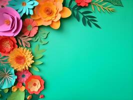 Top view of colorful paper cut flowers with green leaves on green background with copy space. Generative AI Image. photo