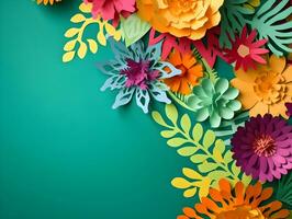 Top view of colorful paper cut flowers with green leaves on green background with copy space. Generative AI Image. photo