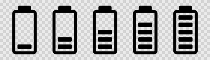 Phone battery icons. Mobile battery in black. Power symbol. Accumulator level. vector