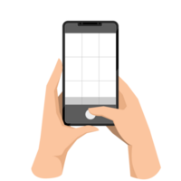 Hand holding phone, taking mobile photo. Making photograph with grid on smartphone screen. Using camera for shooting, recording video. Flat graphic illustration isolated on png