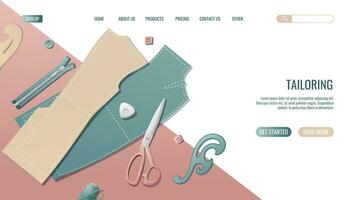 Sewing workshop landing page or web banner templateHand-drawn illustrations of sewing tools, pattern, scissors, template. Pre-made landing for dressmaking, tailoring school vector