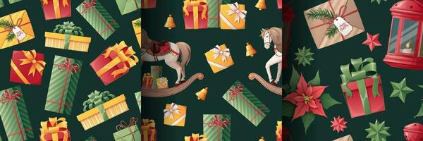 conjunto de sin costura patrones para Navidad. textura con fiesta regalo cajas, balanceo caballo, arcos, linterna. genial para fondo de pantalla, envase papel, tela, textiles, etc. vector