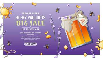 Honey jar with drops, bees and lavender. Honey products from wild flowers. Discount banner, background, poster for honey shop. Natural, healthy product, sweetness, vector